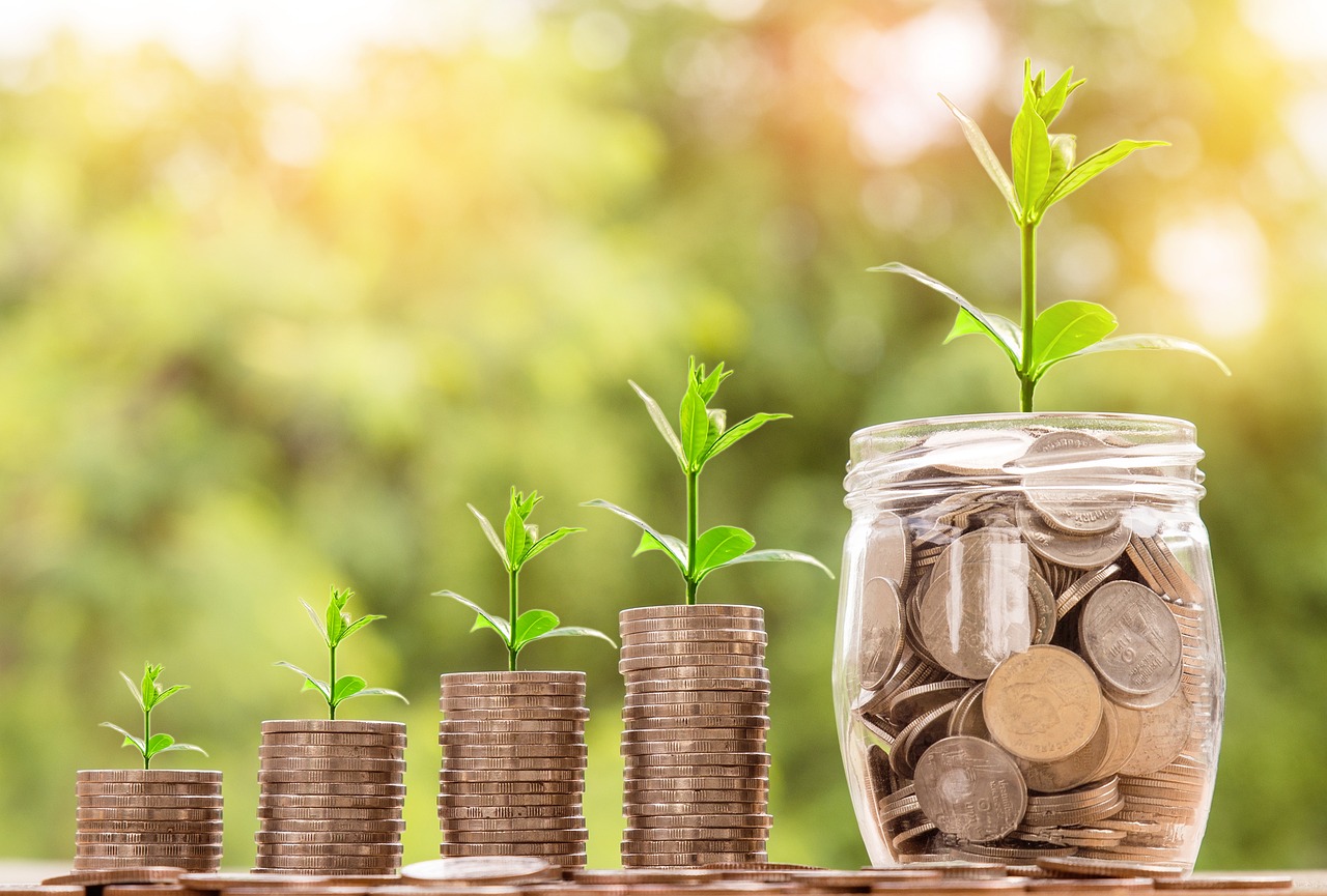 Pile de pièces de monnaie, donnant vie à des jeune plants