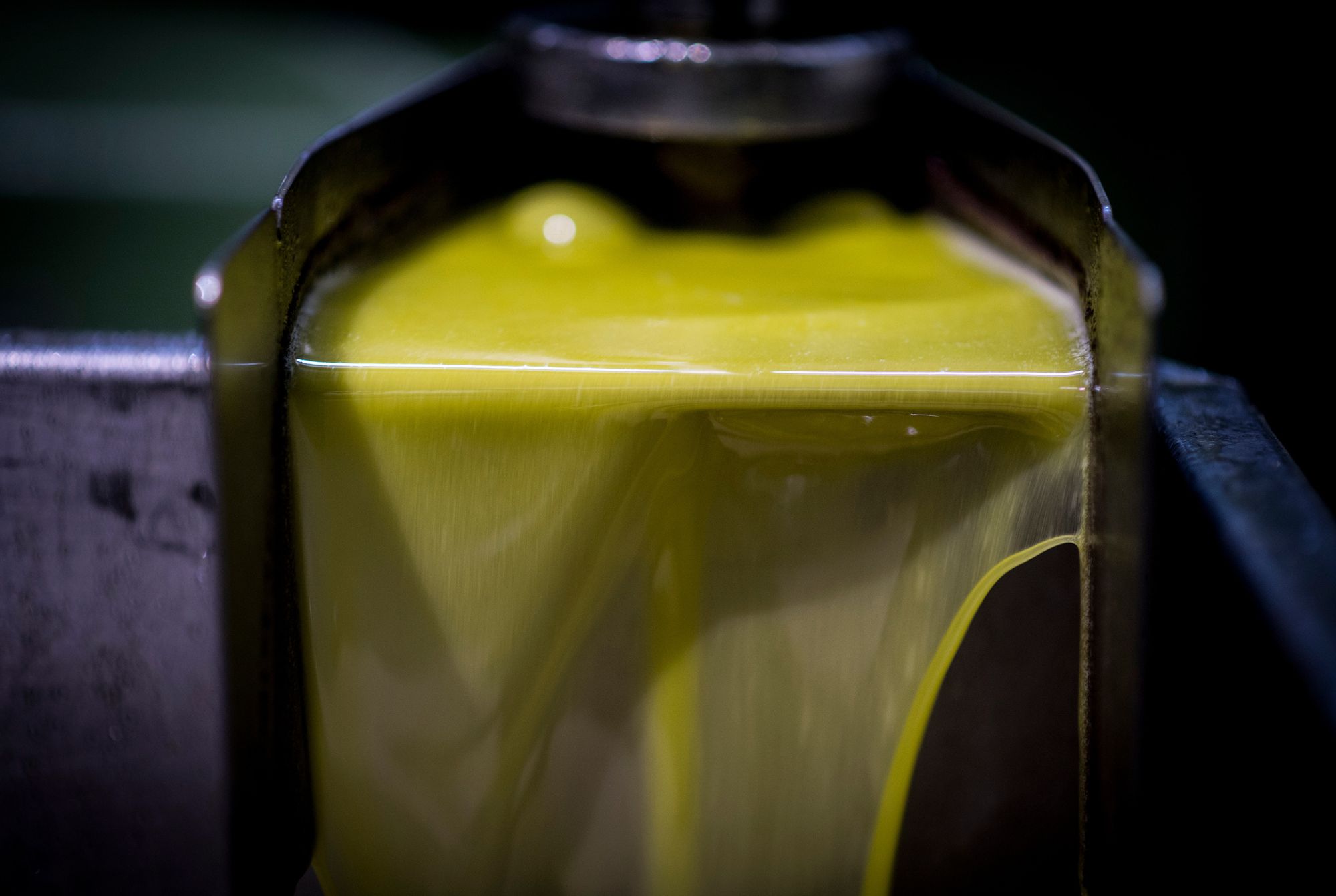 Huile d'olive d'un couleur jaune vif, qui coule du moulin, fraichement pressée 